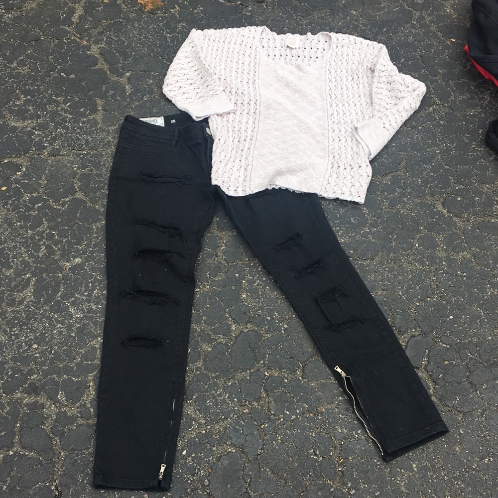 Quiksilver Roxy top shirt sweater black moto pants jeans lot of 2 white